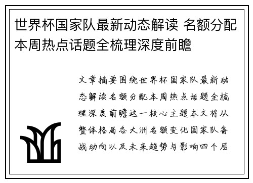 世界杯国家队最新动态解读 名额分配本周热点话题全梳理深度前瞻
